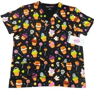 Microflex Unisex Halloween Scrub Top - Candy & Cupcakes - Size M - NEW